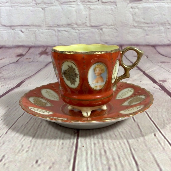 Vintage 1950’s Hand Painted Paneled Portrait Cup and Saucer Set Occupied Japan - Picture 1 of 10